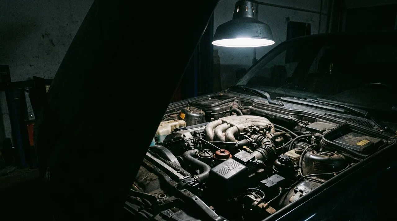 Bloque motor de seis cilindros en línea abierto, iluminado por una sola lámpara dura en un taller oscuro.