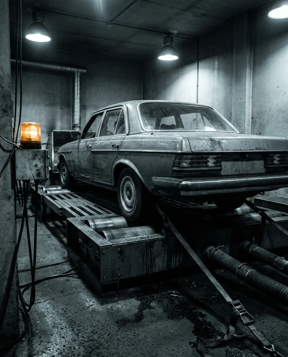Coche sujeto a un dinamómetro de cuatro ruedas en una celda de banco oscura, desenfoque de movimiento en los rodillos, una lámpara ámbar encendida.